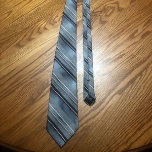 The American Edition Collection blue, grey, maroon, and white striped tie